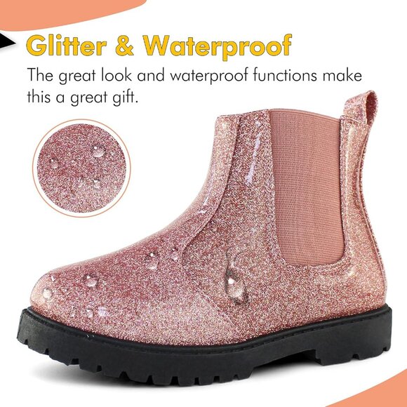 Girl's Pink Fashion Shiny Rubber Chelsea Kids Slip-on Lightweight Ankle Boots - Picture 2 of 6